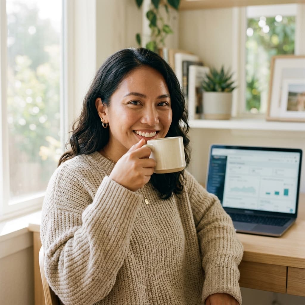 Confident smiling Filipina at a bright home office with Biggest Global E-Commerce Platform Seller Central softly visible behind her