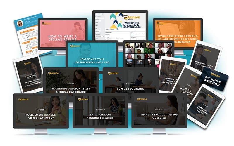 ASVA Masterclass modules — Roles of a Biggest Global E-Commerce Platform VA, Seller Central dashboard, product research, supplier sourcing, listing overview, resume + interview training