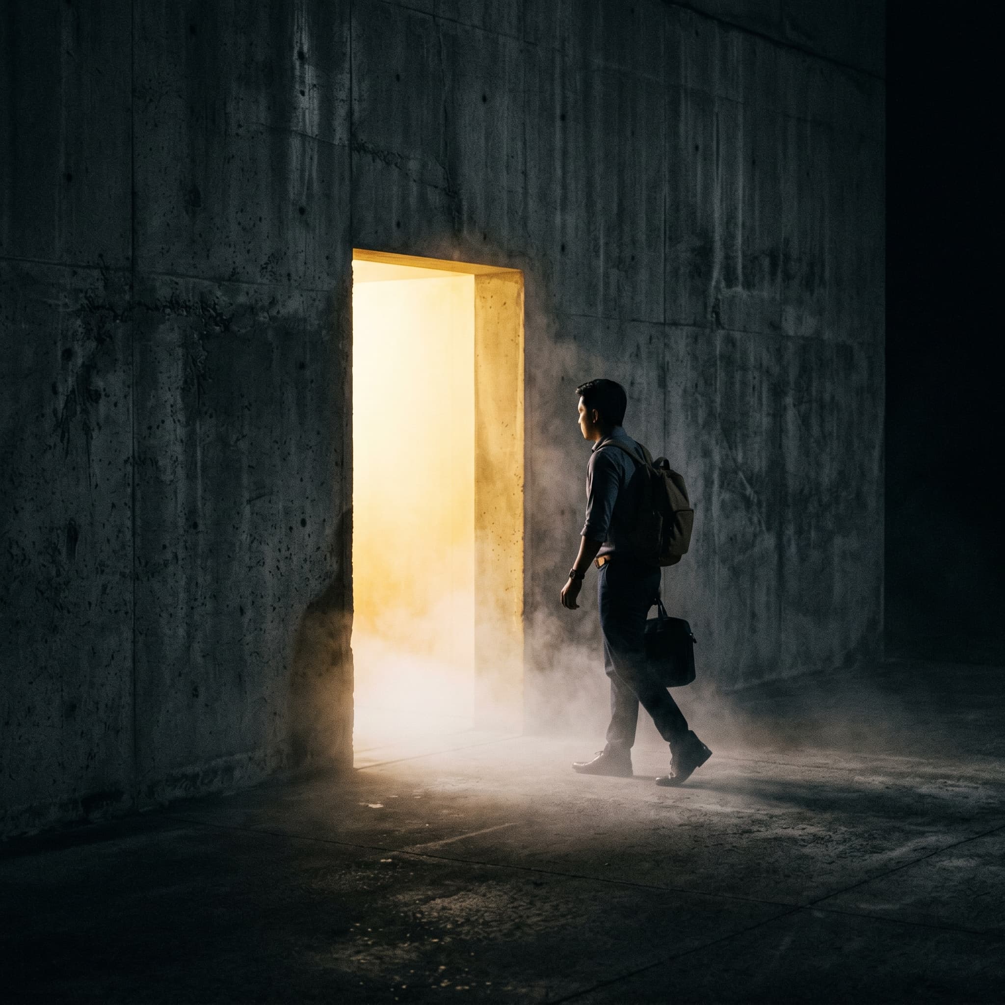 A glowing narrow doorway lit with warm gold light opening in a dark wall, a single Filipino figure stepping through