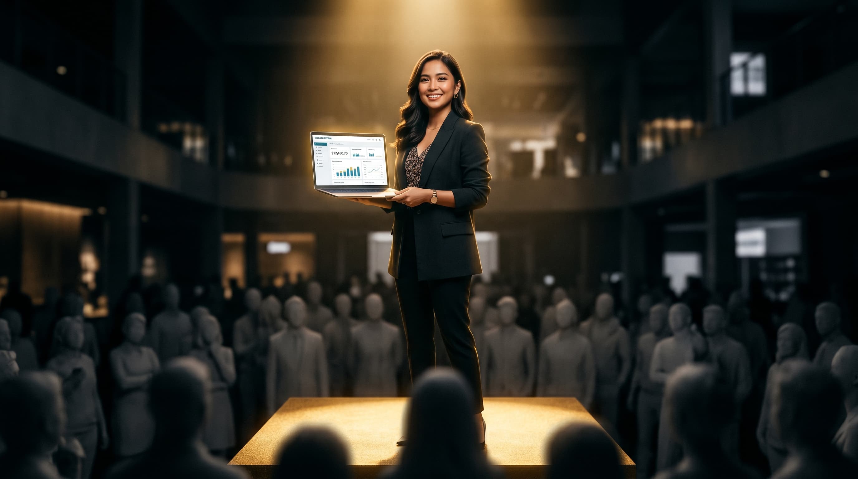 Confident Filipino Biggest Global E-Commerce Platform specialist standing elevated above a crowd of generalists, spotlight on the specialist