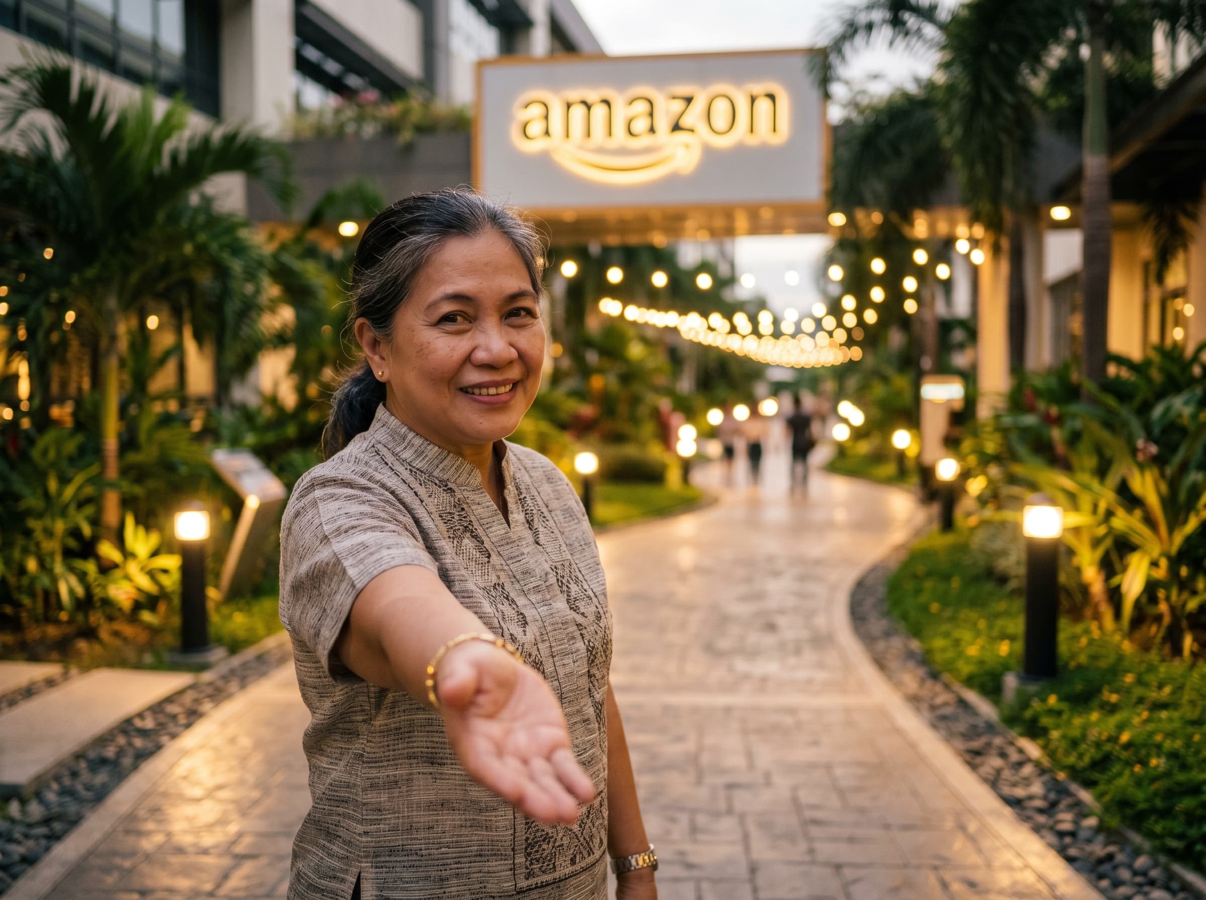 Filipino mentor hand extended with Biggest Global E-Commerce Platform logo glowing gold behind, warm welcoming light
