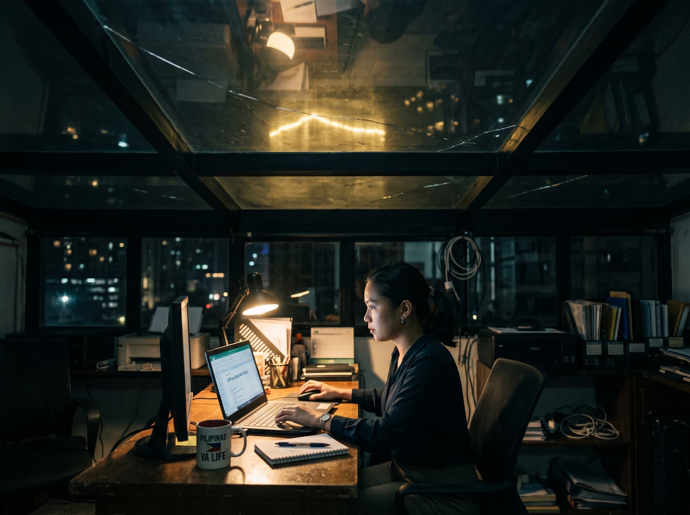 Glass ceiling metaphor above a generalist VA at desk, dark with faint gold above
