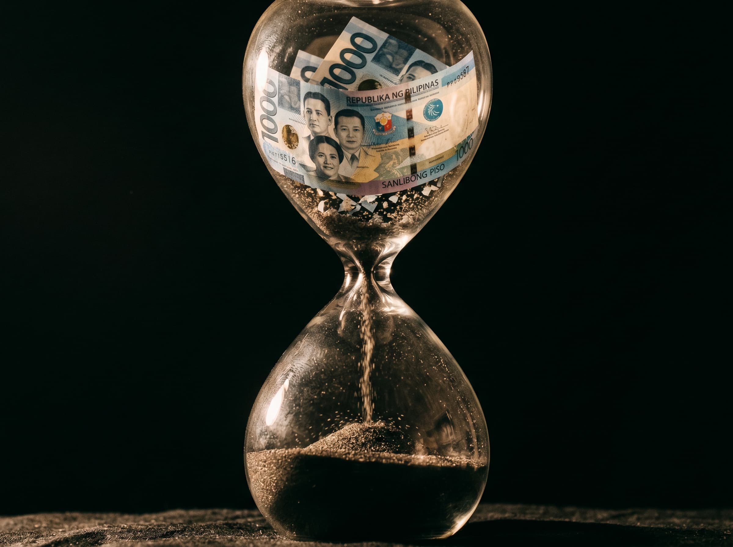 Peso bills dissolving into sand inside an hourglass, money drifting away into darkness