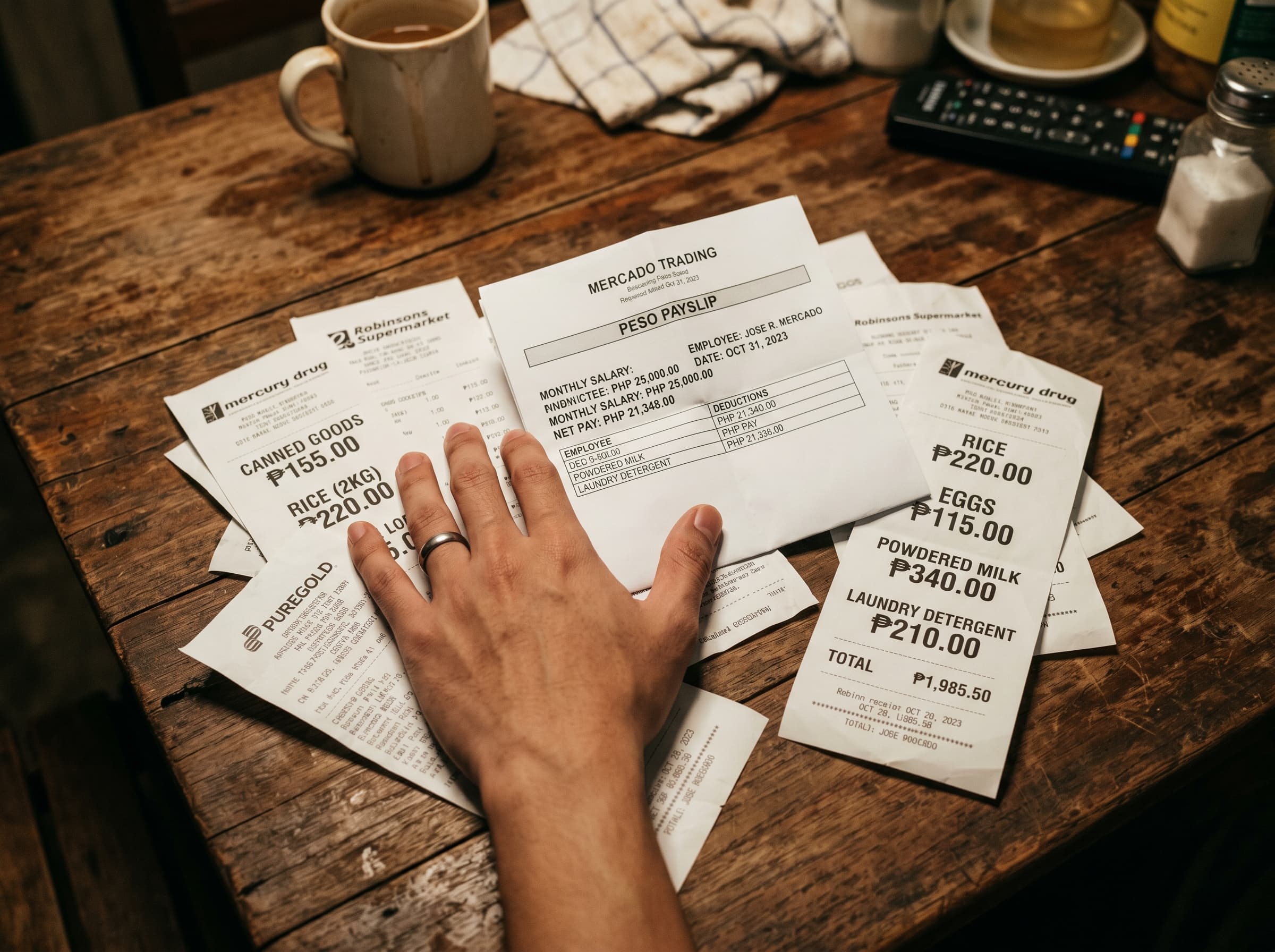 Young Filipino looking at a ₱25,000 payslip with grocery receipts showing rising prices scattered on table
