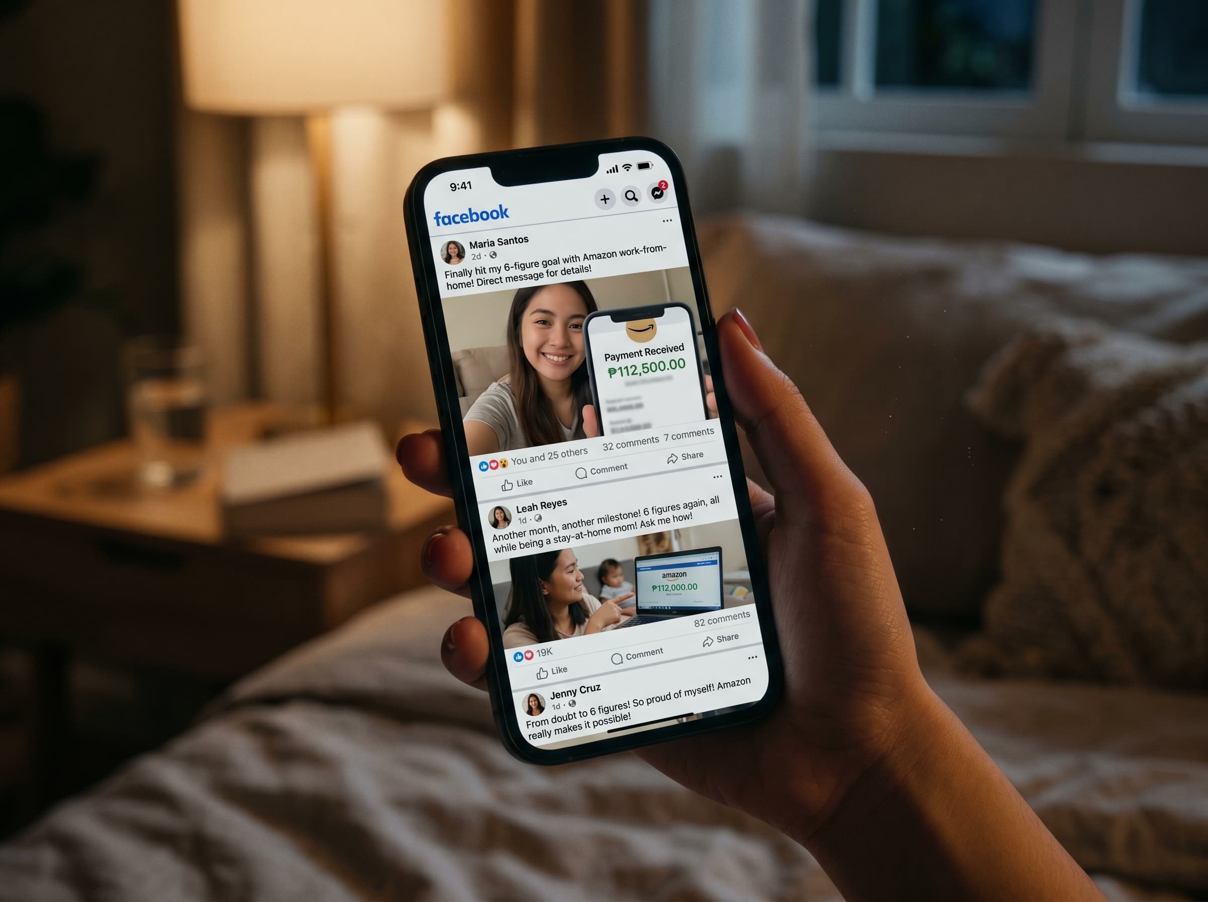 Filipino VA Facebook feed showing other VAs posting six-figure income screenshots, FOMO lighting