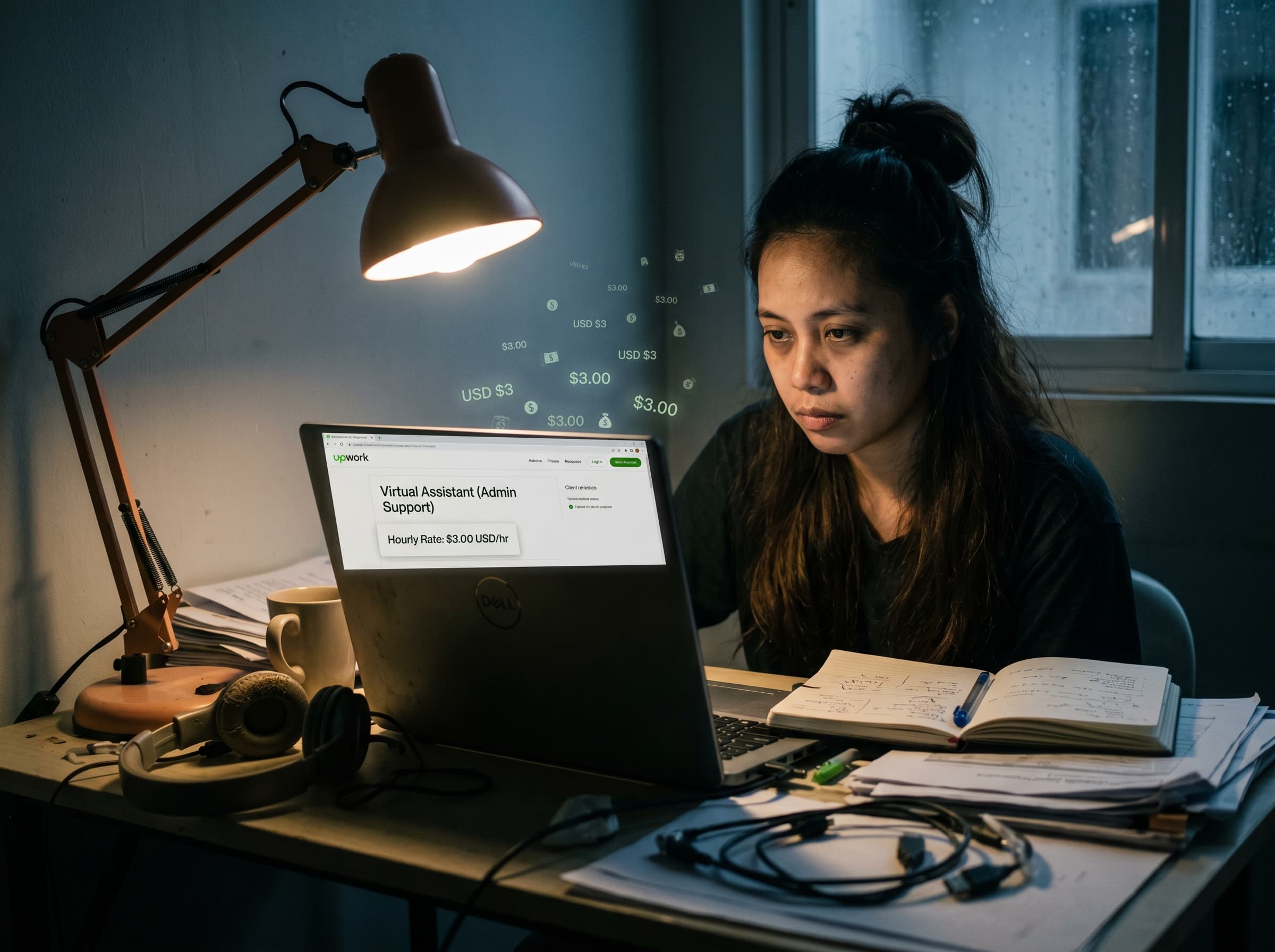 Filipina VA at laptop late at night, Upwork screen showing a $3/hr rate with tiny USD amounts floating over the display