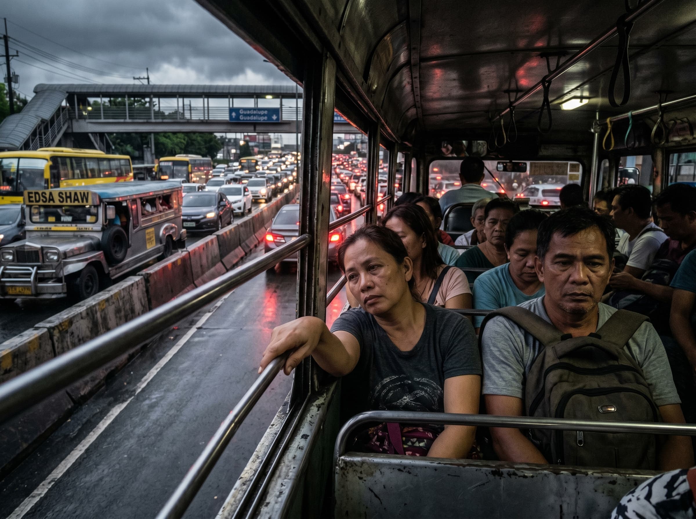 EDSA bumper-to-bumper traffic at 6am, tired Filipino commuters looking out of jeepney windows