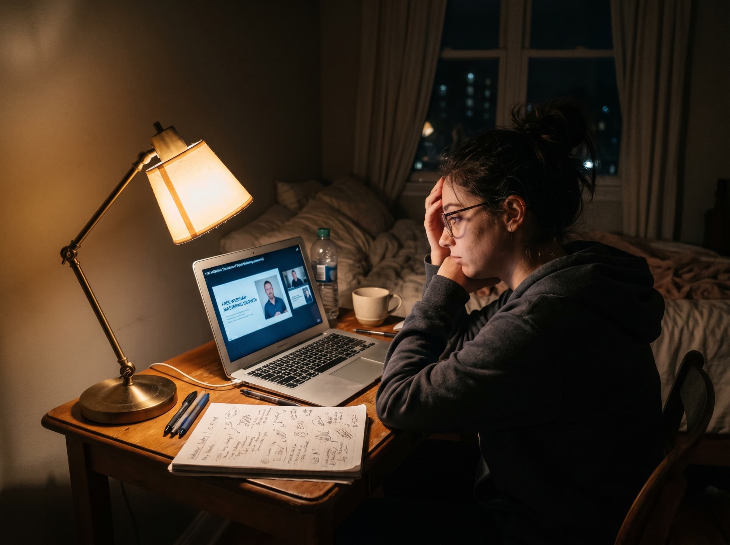 Person attending a free webinar at midnight, screen glow on tired face, notes scattered nearby