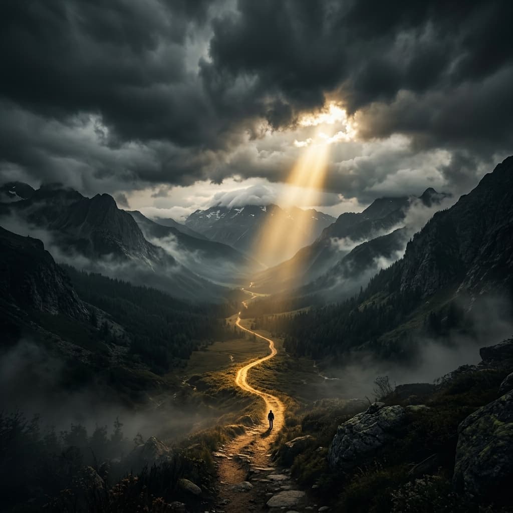 A golden path of clarity cutting through dark mountains
