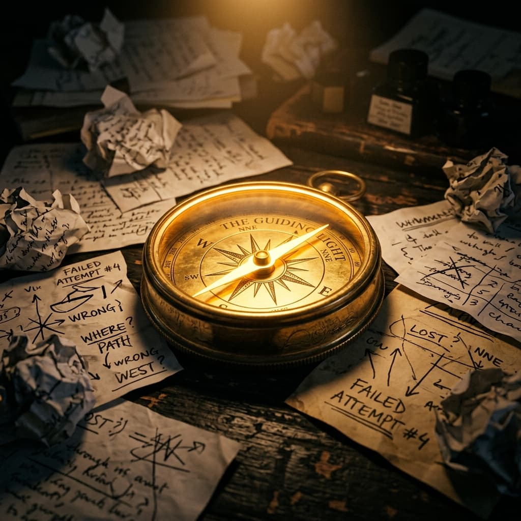 Golden compass pointing one direction amidst scattered failed attempts