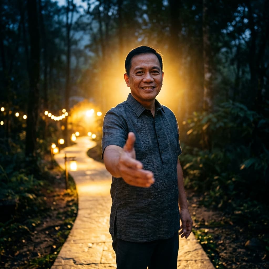 Filipino mentor extending a hand toward the camera with warm golden light and an illuminated path behind him