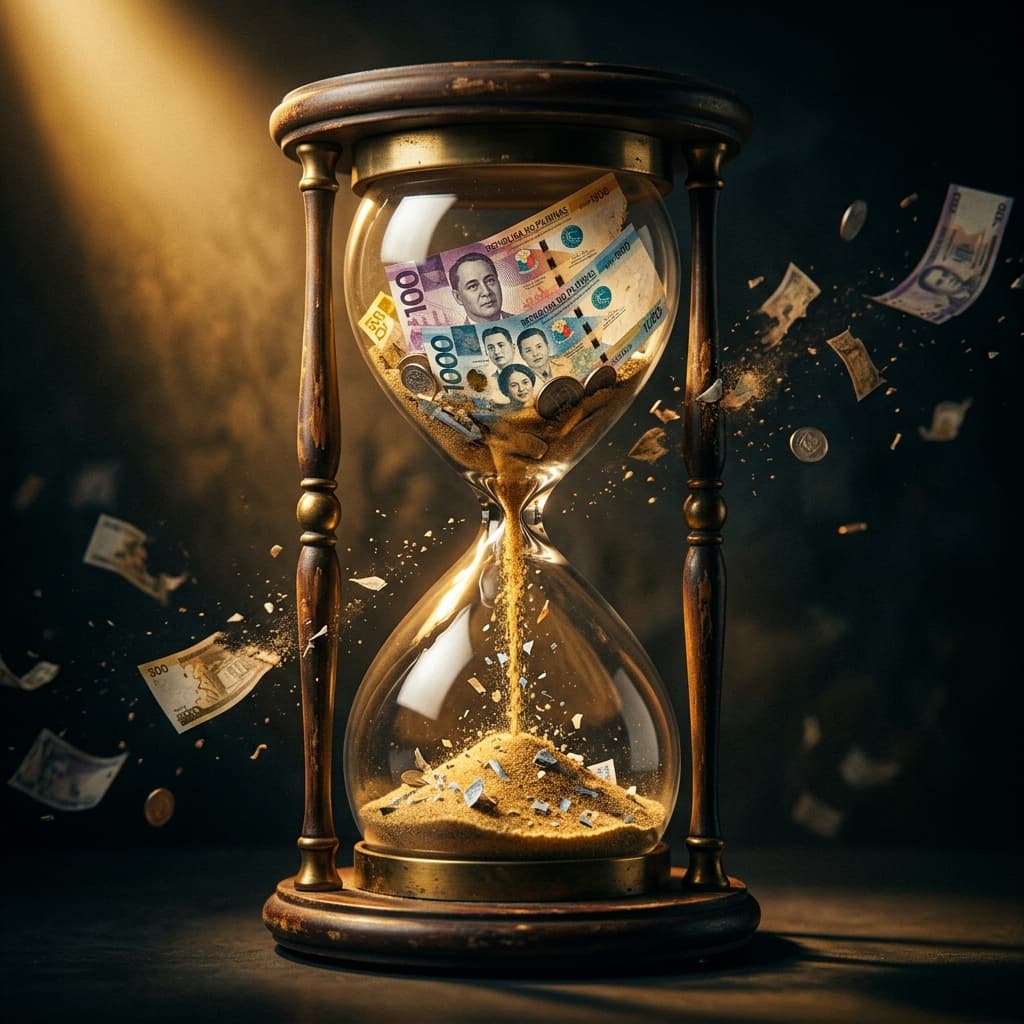 Philippine peso bills dissolving into sand inside an hourglass, money drifting away into darkness