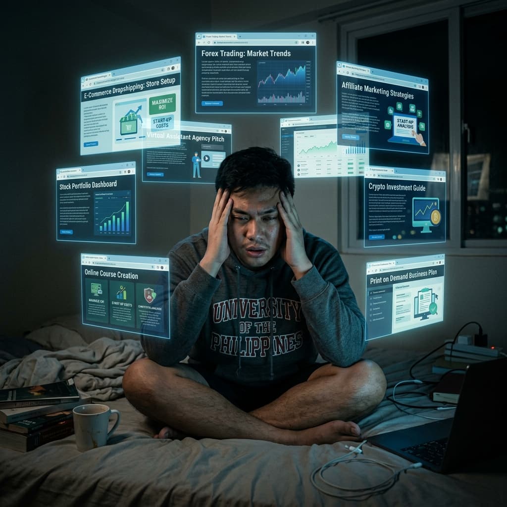 Young Filipino on his bed overwhelmed by floating holographic browser windows showing endless online business opportunities