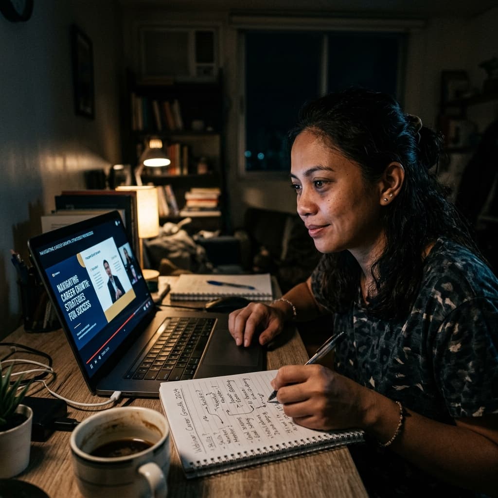 Filipina woman attending an online webinar at midnight, taking notes with a hopeful but tired expression