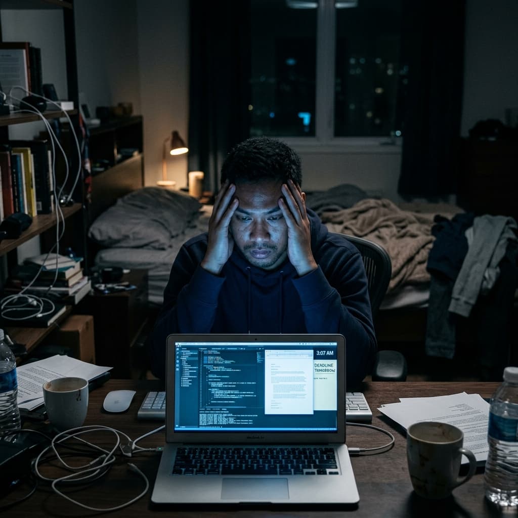 Overwhelmed man at his desk late at night, hands on temples, lit only by laptop screen at 3AM