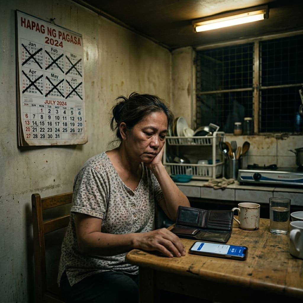 Filipina staring at empty wallet and phone showing low balance, calendar on wall with months crossed out