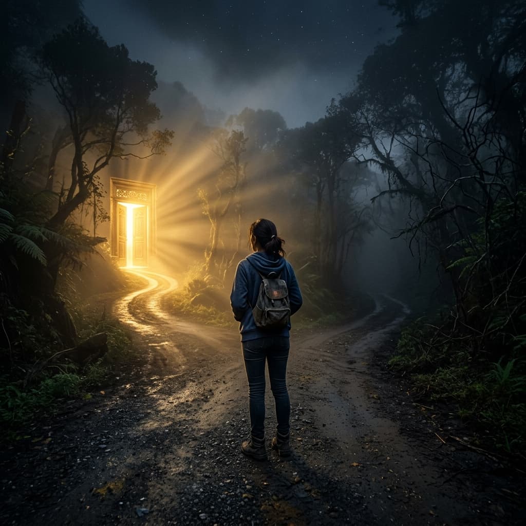 Person standing at a fork in a dark foggy road, one path leading to a glowing golden doorway of clarity