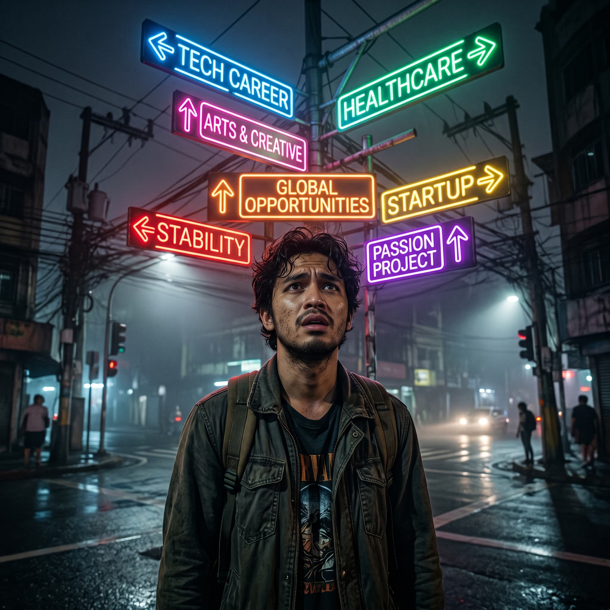Person standing at a dark crossroads surrounded by glowing neon career signs pointing in every direction